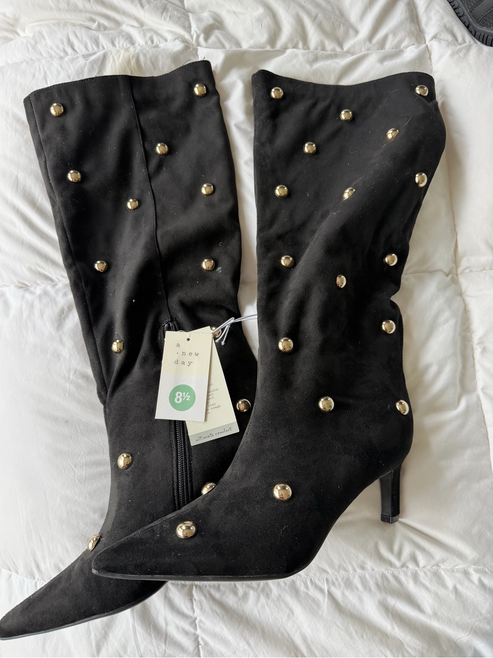 a new day Black Knee-High Heeled Boots with Gold Studs